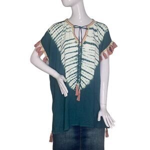 South Moon Under NWOT Top Boho Embroidered Tie Dye Green White Box Cut Size S